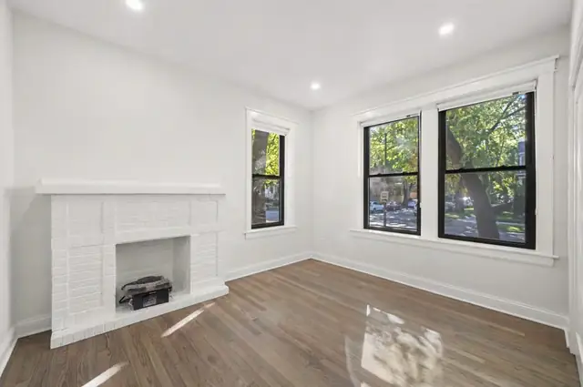 Renovated living room with fireplace
